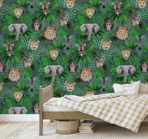 Green jungle animal wallpaper with hand-painted giraffe, lion, elephant, zebra and tropical leaves