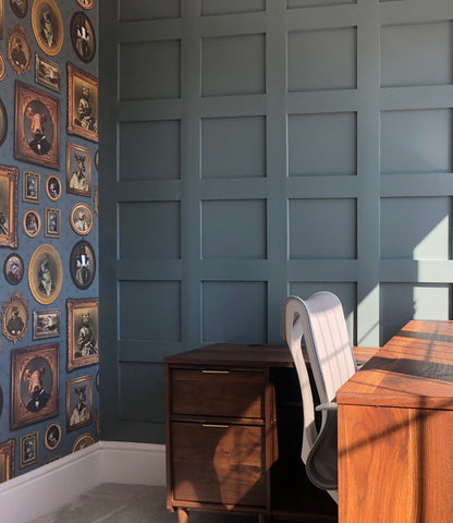 Blue animal portrait gallery wallpaper with ornate frames, tiger lady, boar gentleman and giraffe sailor portraits