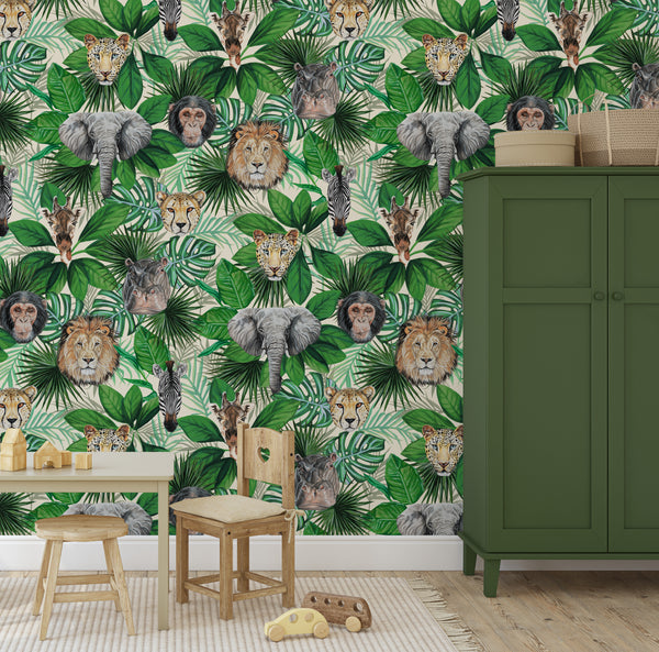 Geoffrey and Friends Cream jungle animal wallpaper in a children’s room with natural furniture and green styling