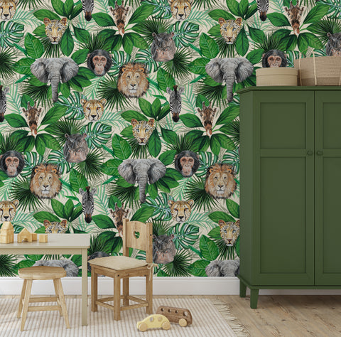 Cream safari nursery wallpaper with hand-painted giraffe, lion, elephant, zebra and jungle leaves