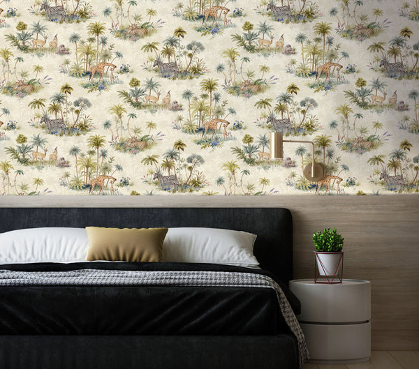 Safari Print Cream wallpaper behind bed with black headboard, neutral bedding and wooden wall panelling