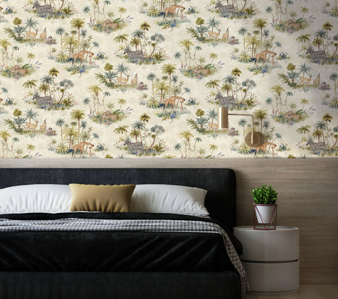 Cream safari animal wallpaper with giraffes, zebras, leopards, impala, palm trees and botanical foliage