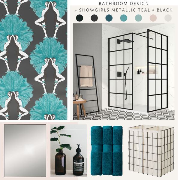 Showgirls Wallpaper Metallic Teal & Black