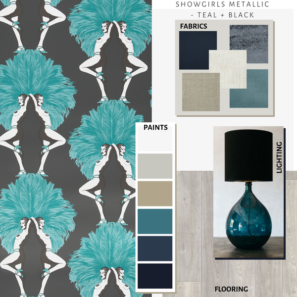 Showgirls Wallpaper Metallic Teal & Black