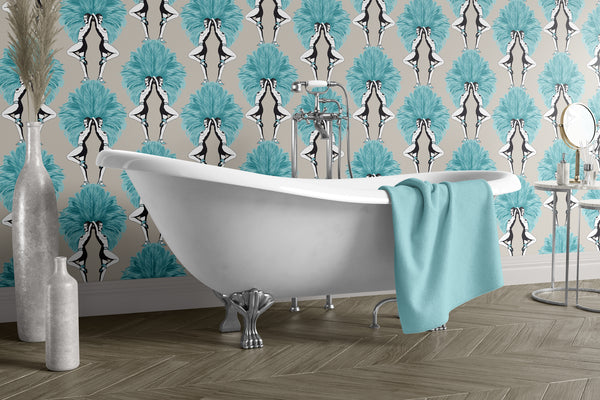 Showgirls Wallpaper Metallic Teal & Cream