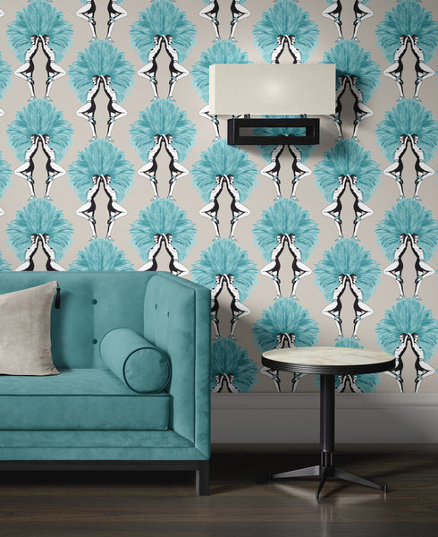 Showgirls Wallpaper Metallic Teal & Cream