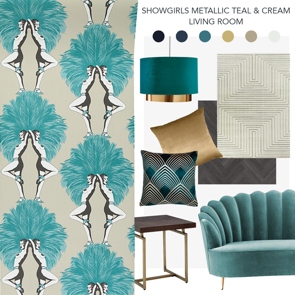 Showgirls Wallpaper Metallic Teal & Cream