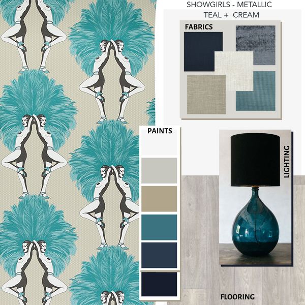 Showgirls Wallpaper Metallic Teal & Cream