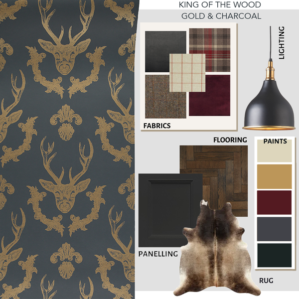 King of the Wood wallpaper Charcoal living room moodboard with burgundy sofa, wood burner, tartan cushions and gold pendant light