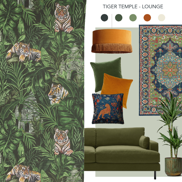 Tiger & Temple Wallpaper Green