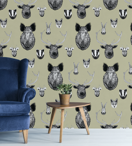 Pistachio animal wallpaper pattern with hand-drawn British wildlife, deer, wild boar and decorative heritage details
