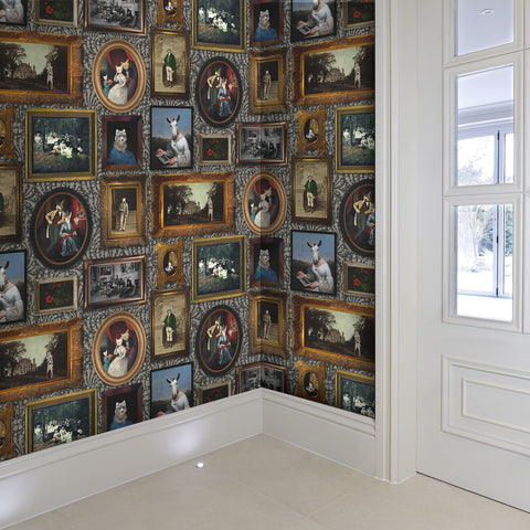 Dark gallery wall wallpaper with framed animal portraits in a hallway with white door and panelling